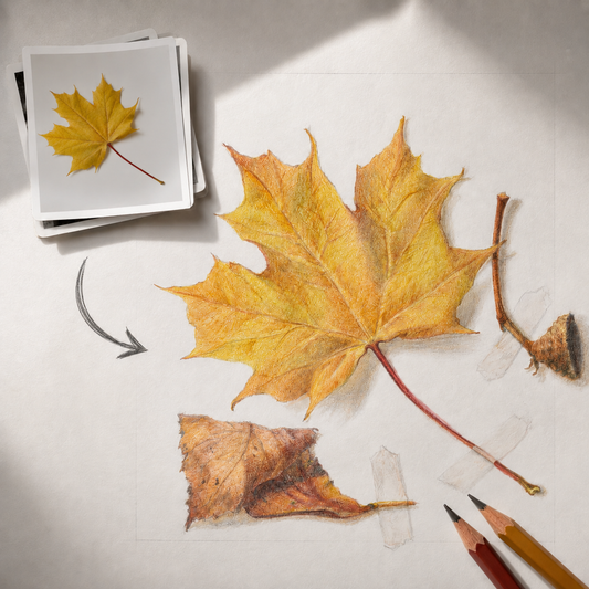 From photograph to drawing: a maple leaf rendered in coloured pencil by VIKTĖ