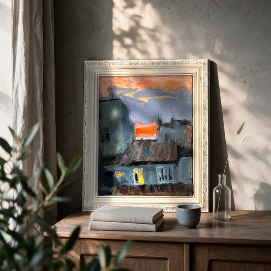 Where Light Remains by VIKTĖ on an oak sideboard by a window in morning light (room is a digital visualisation, the painting is real)